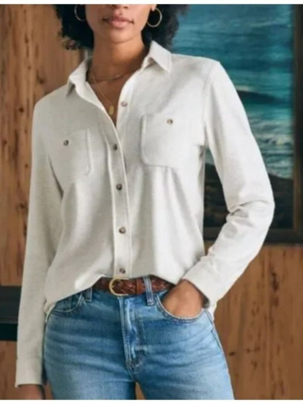 Coastal Nautical Preppy Minimal Classic Faherty Legend Shirt Beige Cream Sz Lg
